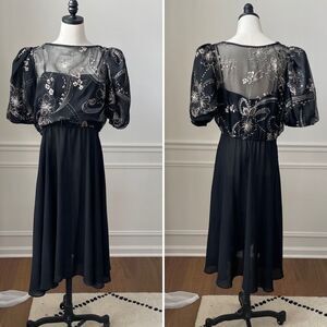 Black Blouson Top Pouf Sleeve Midi Dress L